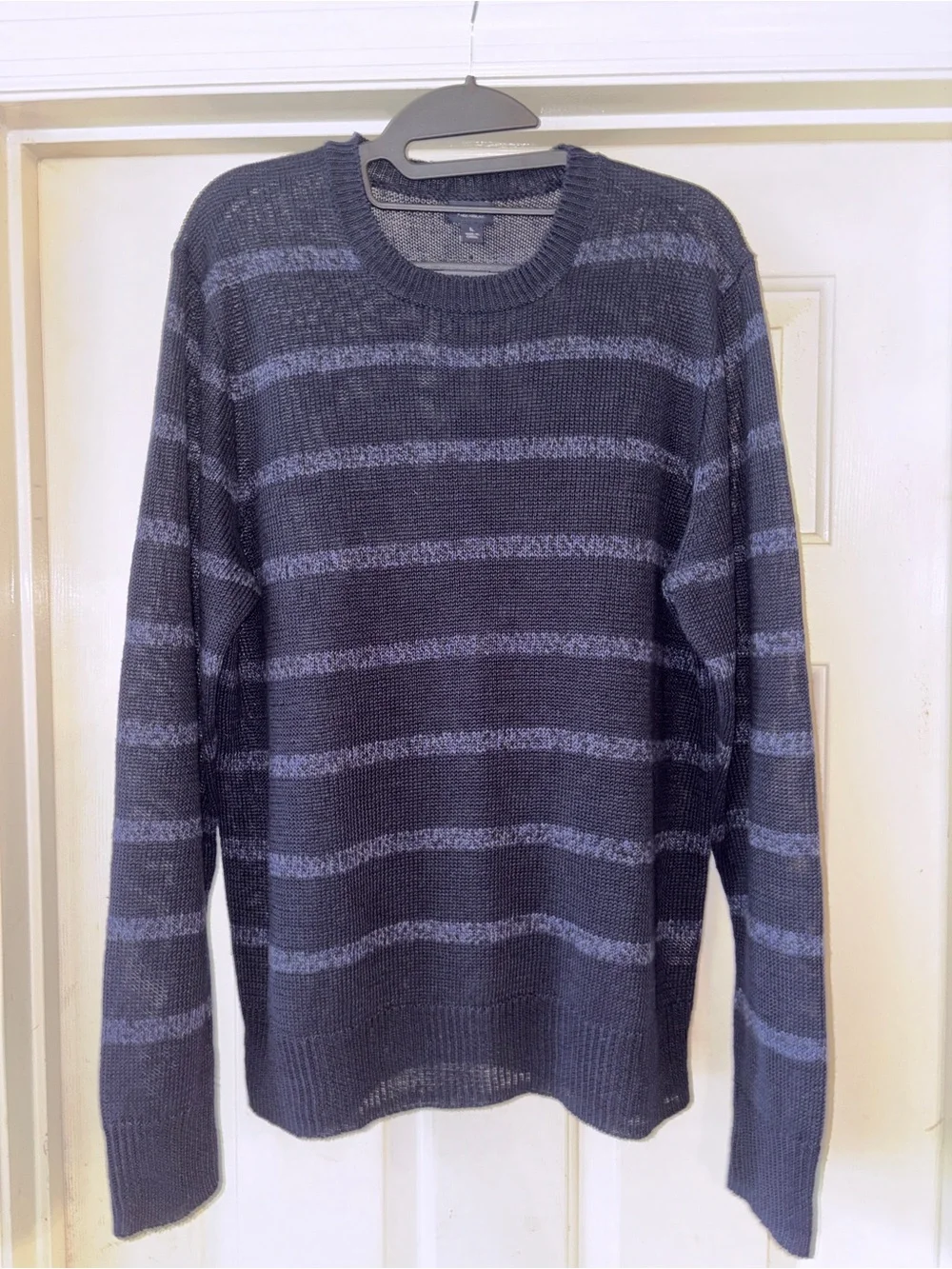 J. Crew 100% Linen Crewneck Sweater Navy/Blue Stripe Lightweight Layering